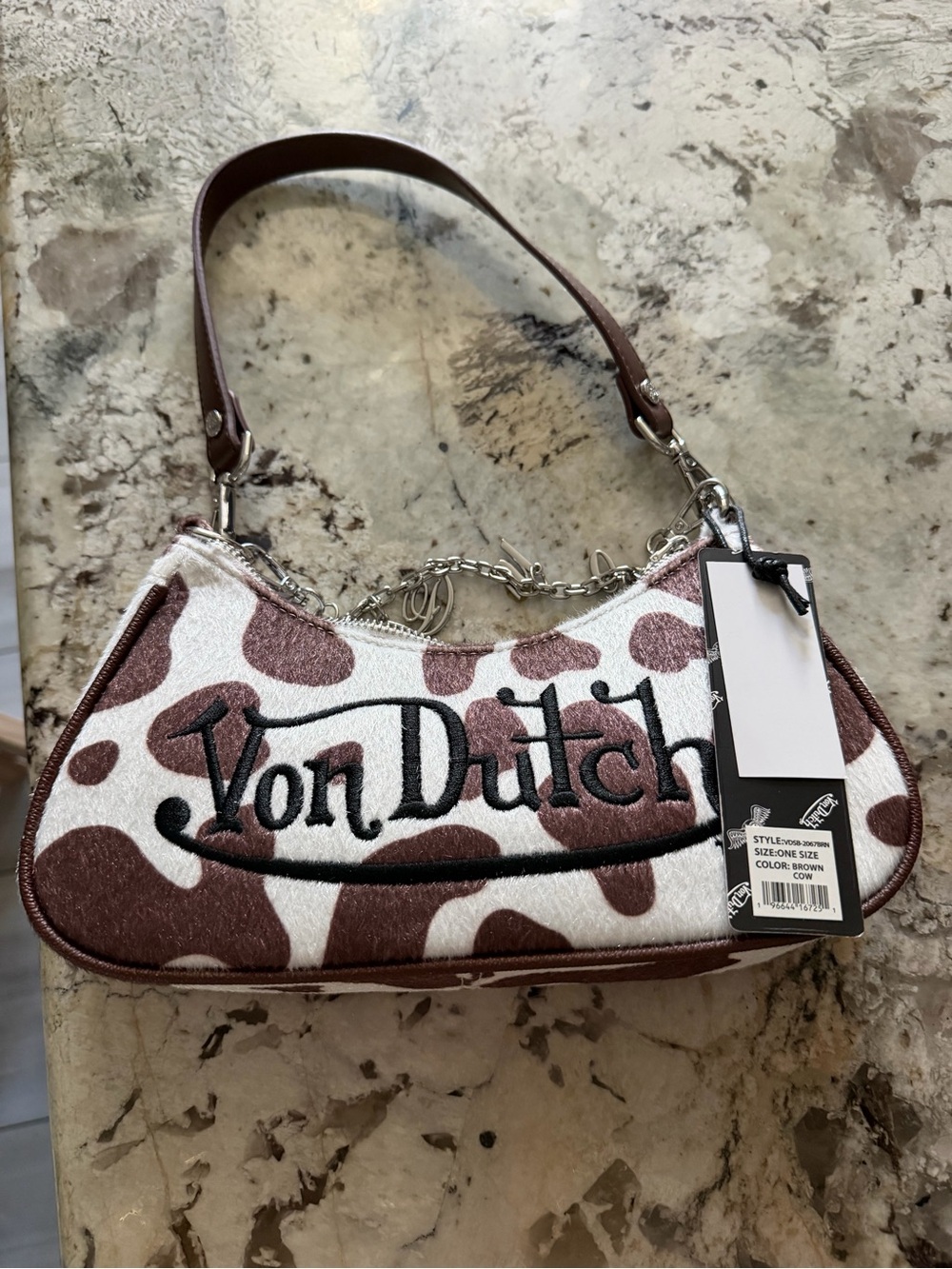 Von Dutch Brown and White Cow-Print Shoulder Bag